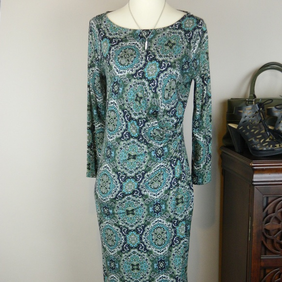 Talbots Dresses & Skirts - Talbots green medallion faux wrap ruched dress, S